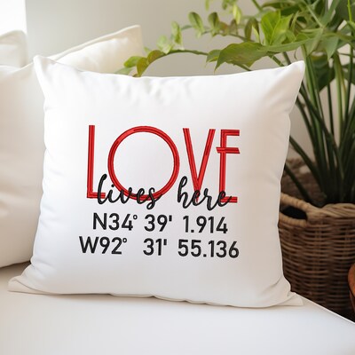 Love Lives Here GPS Coordinates Pillow Cover - image1